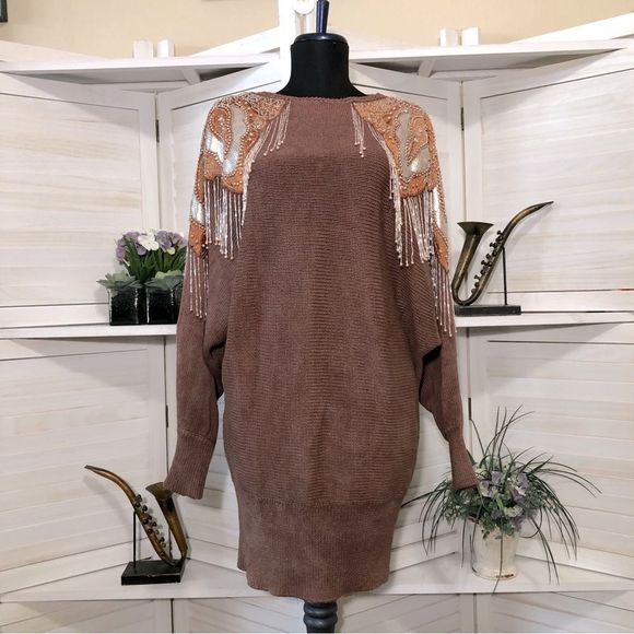 Vintage 80s 90s dolman sleeves beaded chocolate brown cotton tunic sweater sz L - Picture 4 of 9